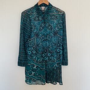 Chico's Travelers Scroll Paisley Mesh Long Shirt Top Sz 8/10 Green Castle Goblin